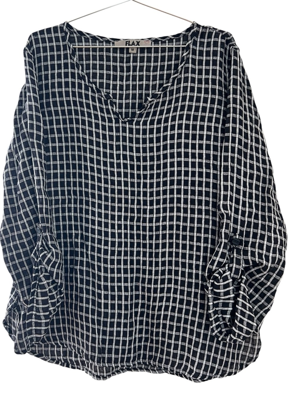 Flax 100% Linen Top Womens M (10-14) Black Windowpane Check Roll Tab Sleeve Thin